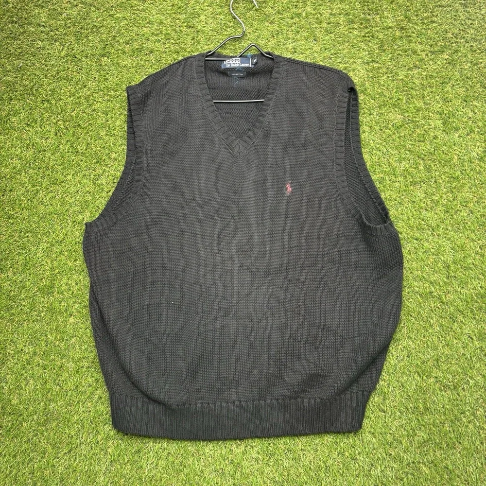 Polo Ralph Lauren Sweater Vest Mens XL Black Cotton V Neck Knit Logo Pullover